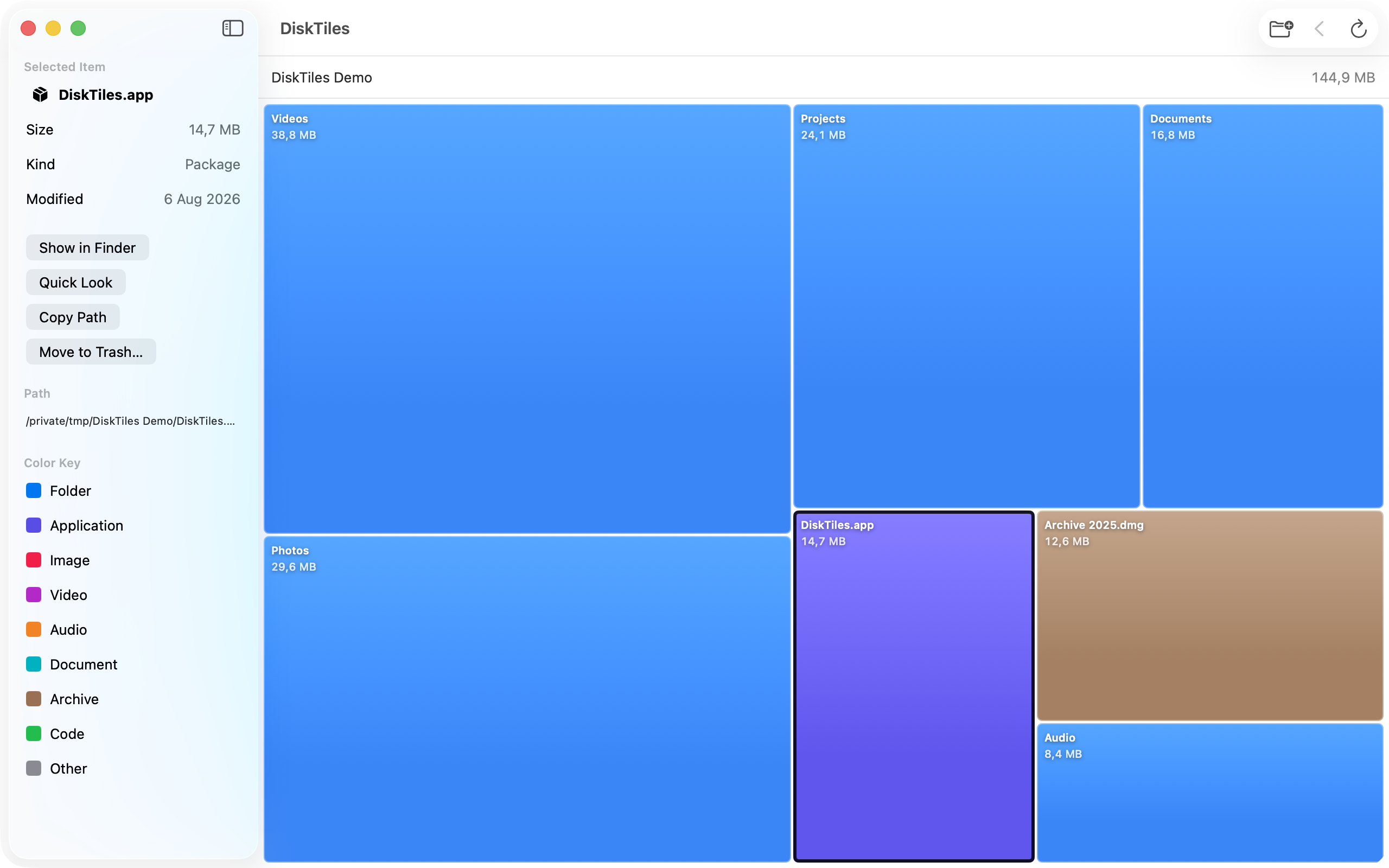 DiskTiles app window with proportional tiles for folders, applications, archives and audio files