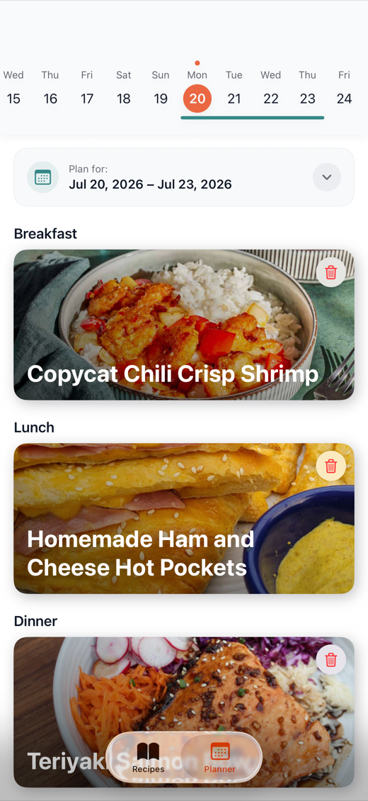 Weekly meal planner in Plately
